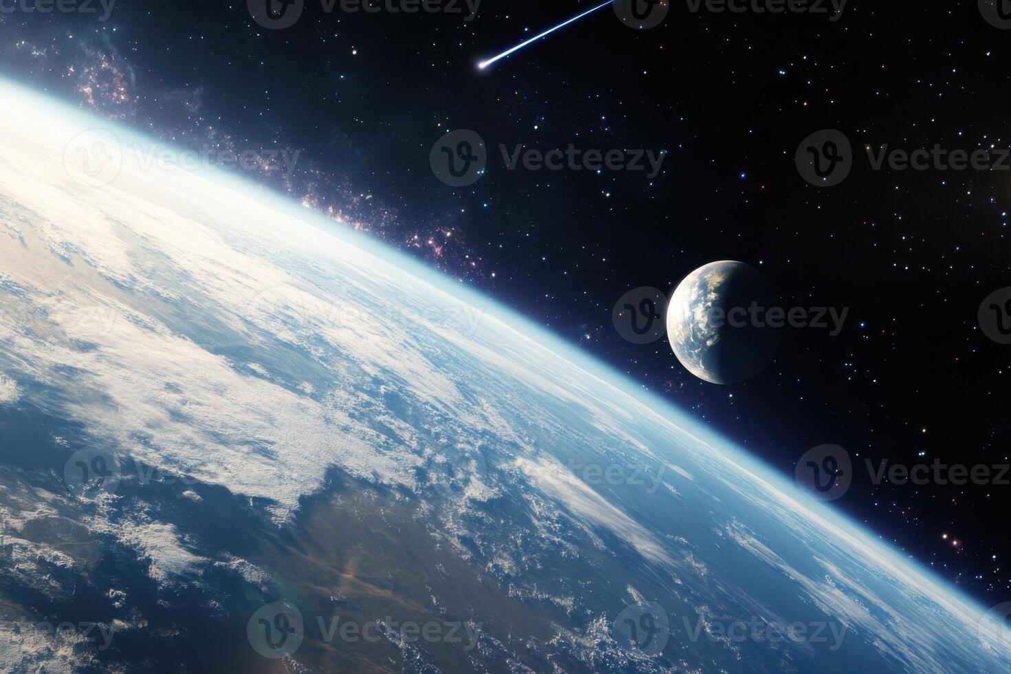 Earth and moon in space with a shooting star. photo