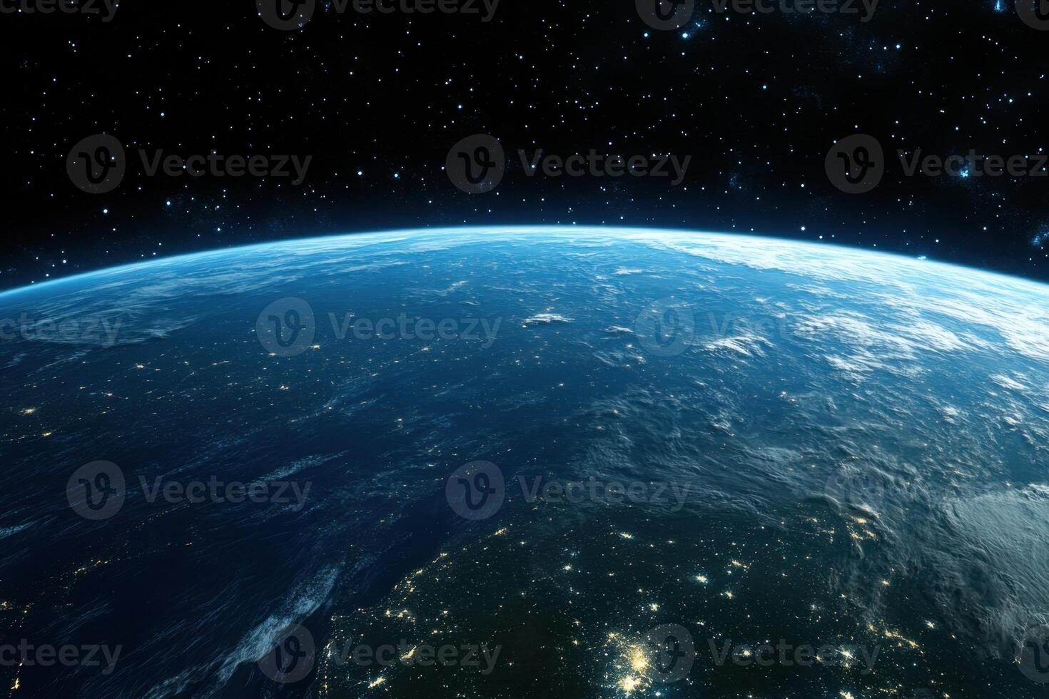 Earth from space at night, showing city lights and a starry sky. photo