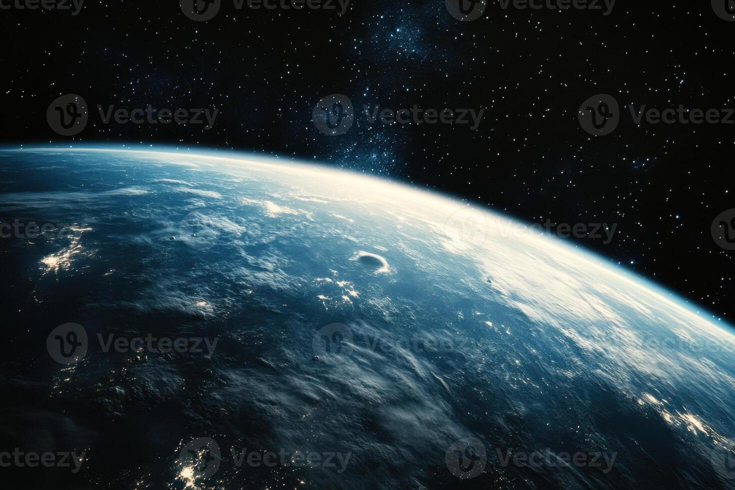 Earth from space, showing a blue and green planet with clouds and a starry sky. photo
