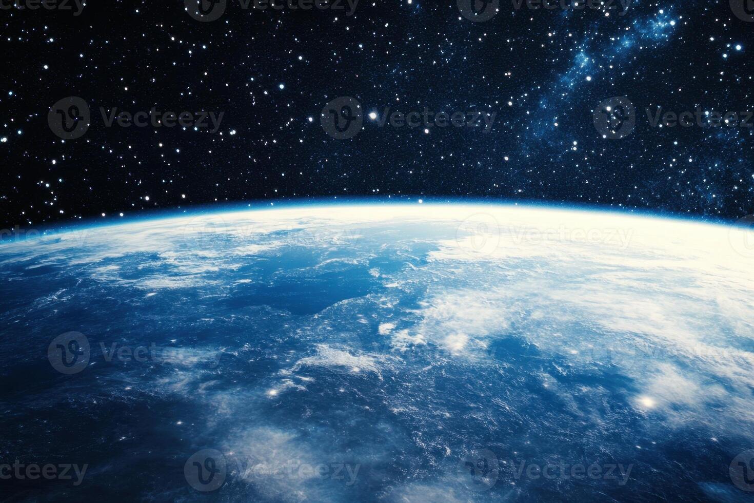 Earth from space with a starry sky above. photo