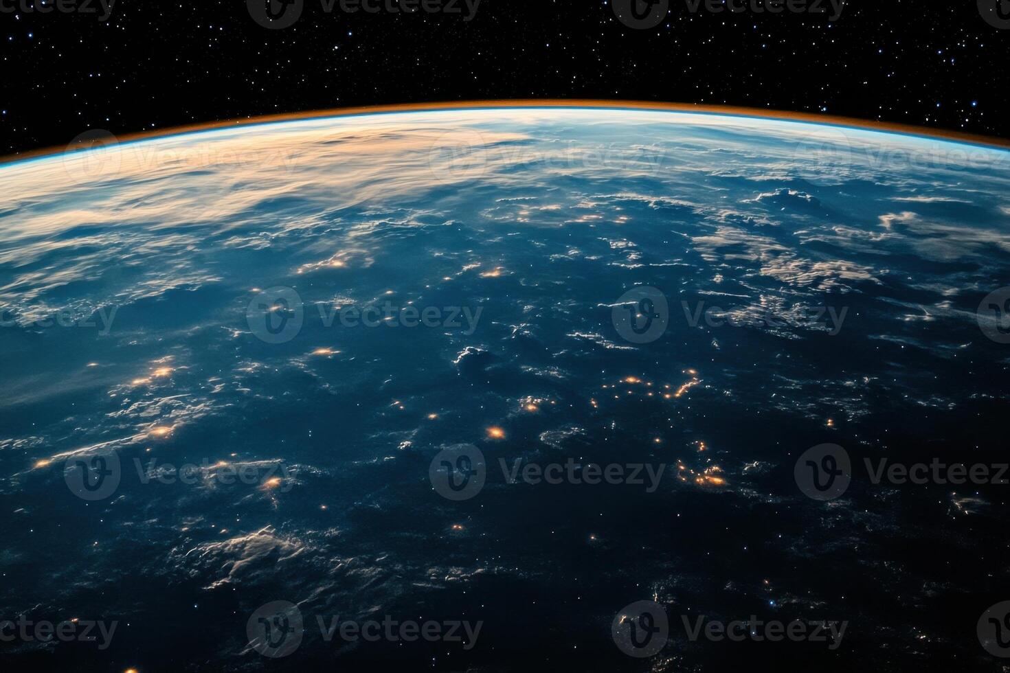 Earth from space, showing the curve of the planet with clouds and city lights at night. photo