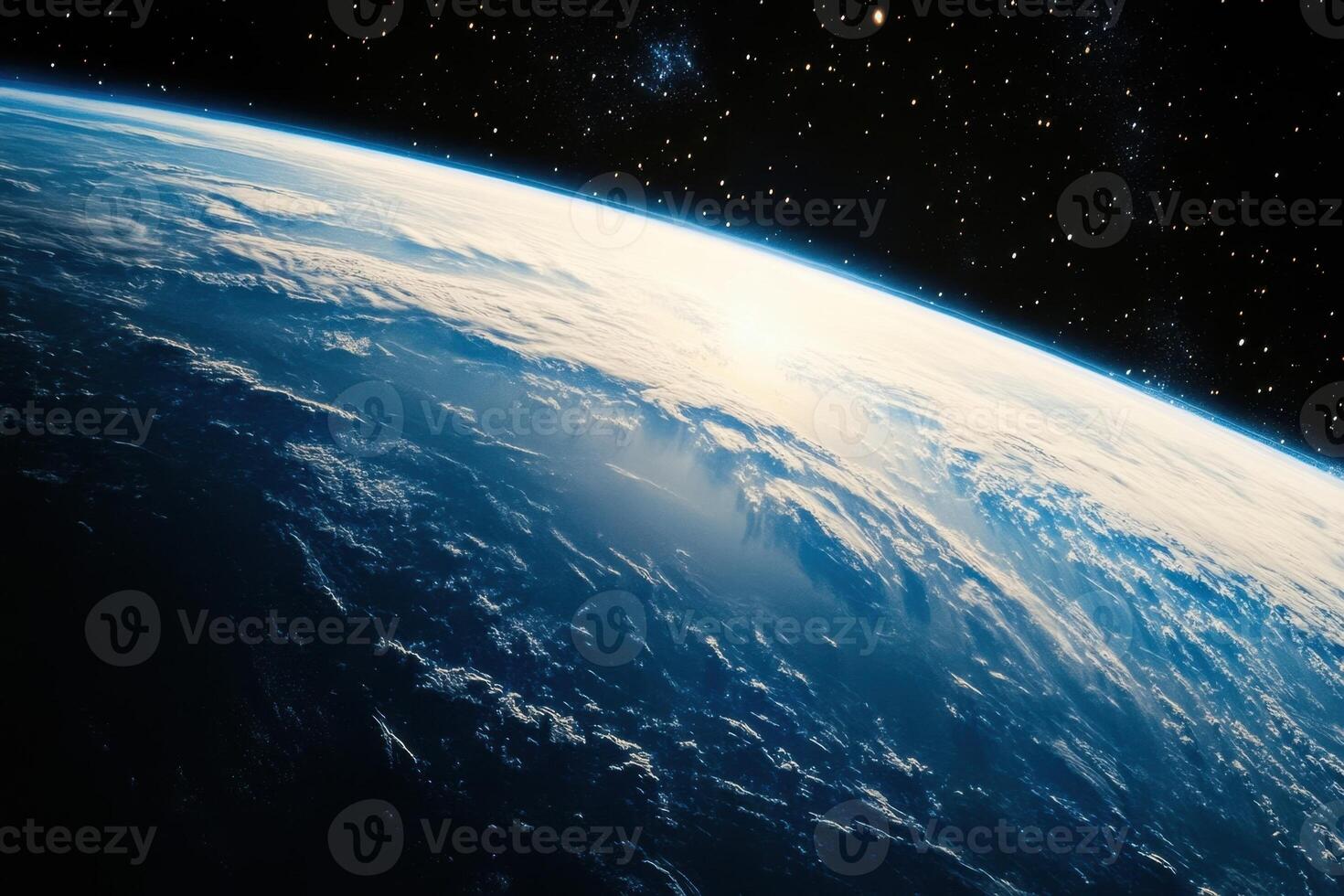 Earth from space with a view of clouds and sun. photo