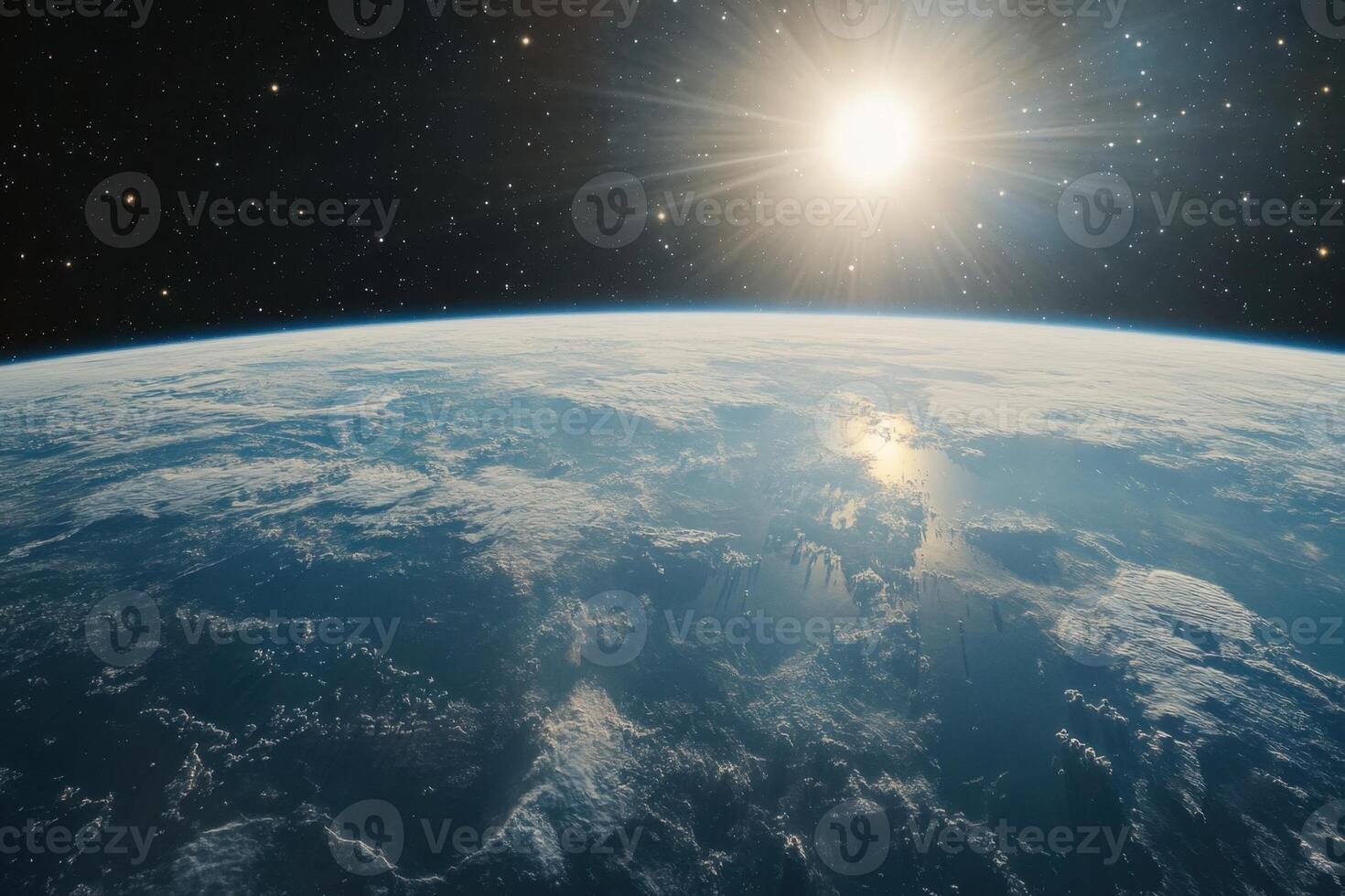 Earthrise with the sun shining over the horizon, viewed from space. photo