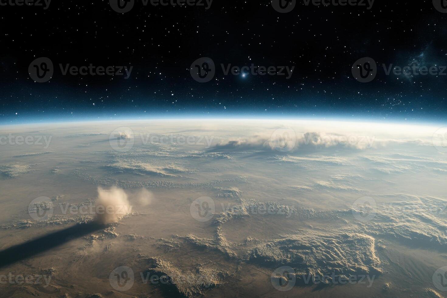 Earth's horizon from space with clouds and a large shadow. photo