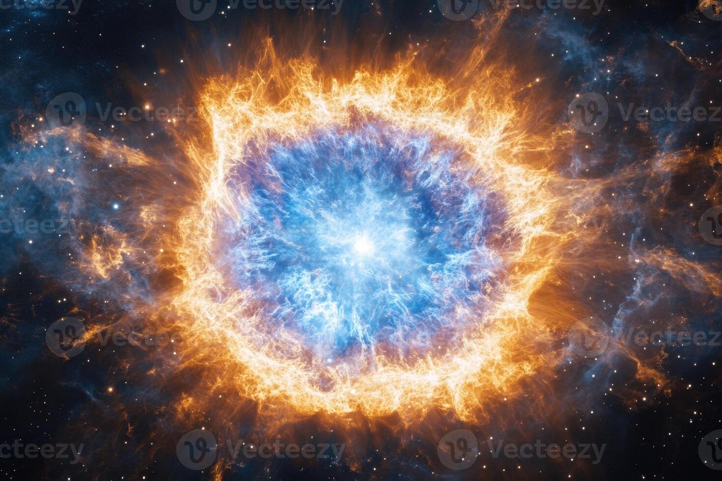 Fiery blue and orange nebula with bright core in deep space. photo