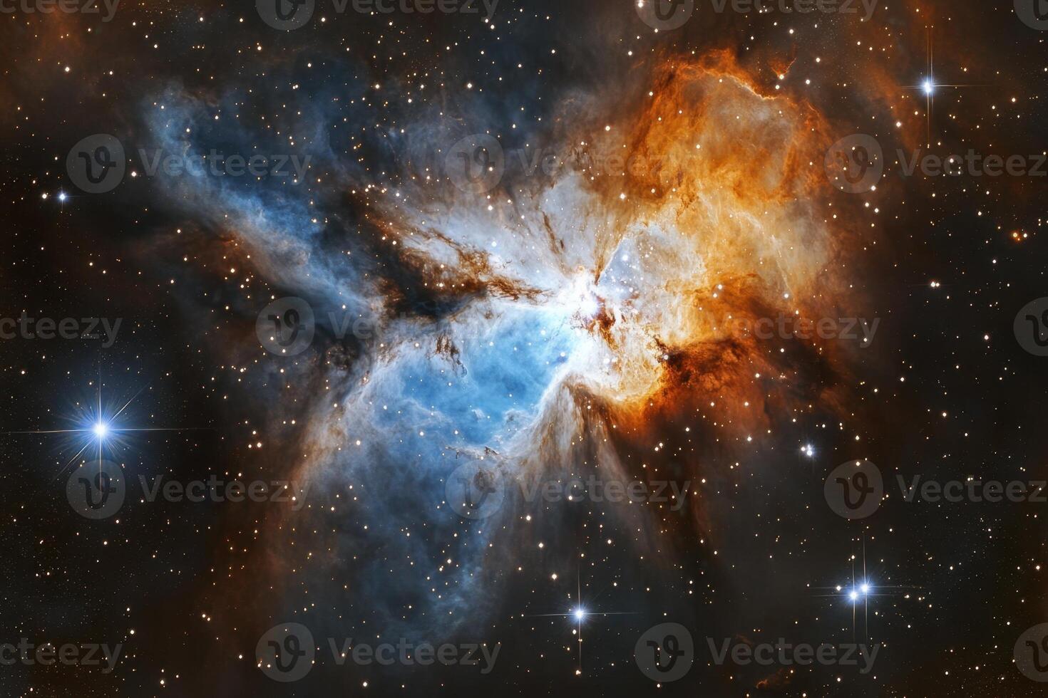 A vibrant nebula glows in the dark space, a stellar nursery with clouds of gas and dust. photo