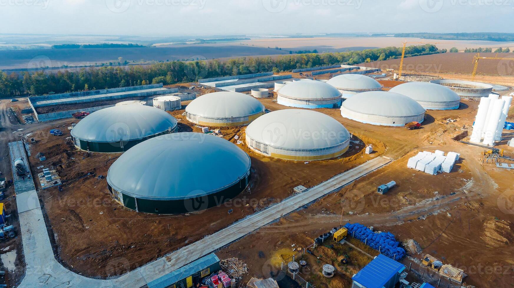 Pumping filtration system station. Aerial view of water purification supply. photo
