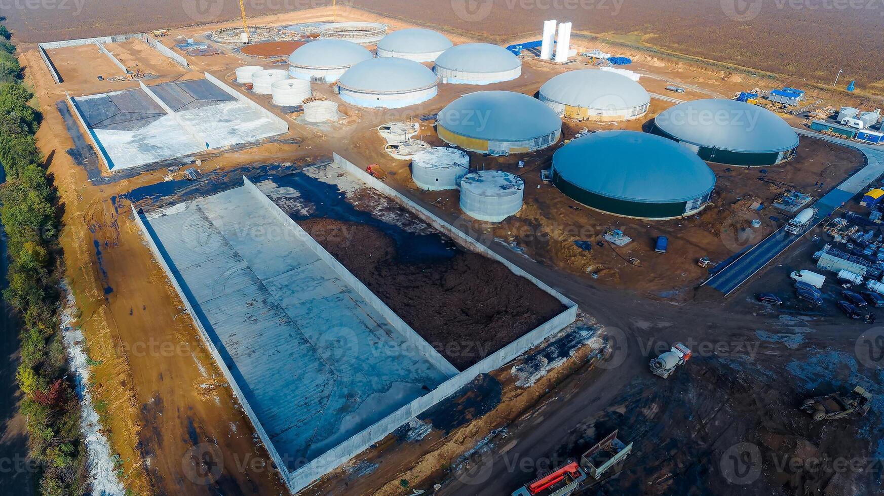 Aerial big tanks technology. Drone shot of big factory construction. photo