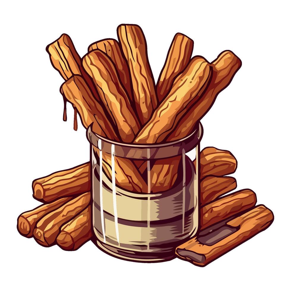 Crunchy breadstick snack with gourmet chocolate dip icon isolated vector