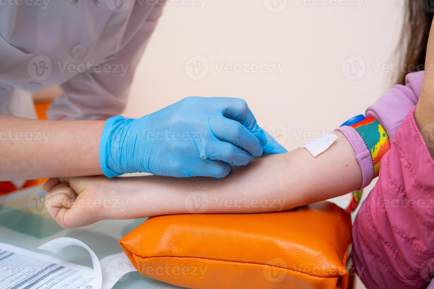Blood test procedure analysis. Laboratory blood taking from vein. photo