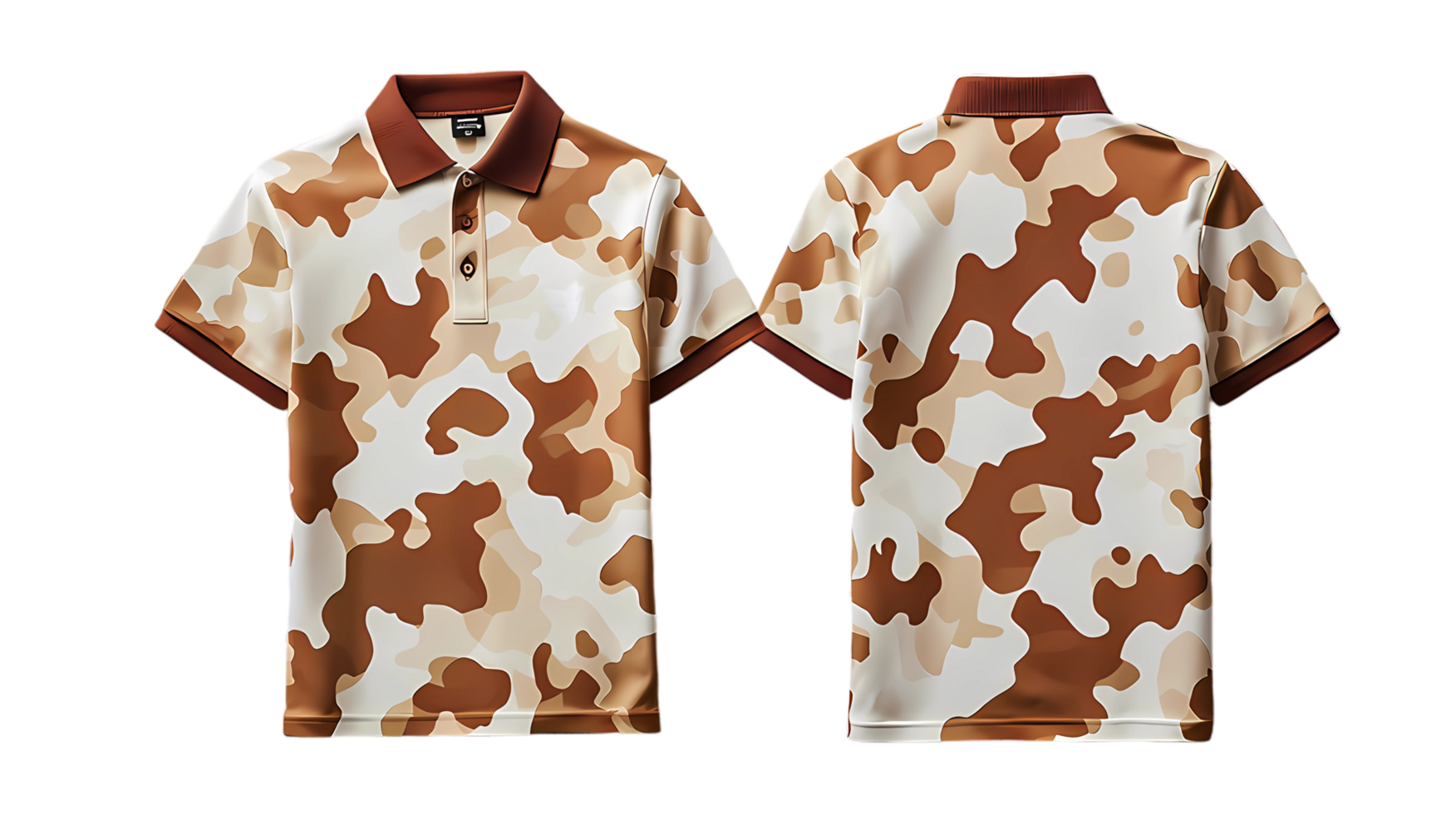 two polo shirts with brown and white camouflage print png