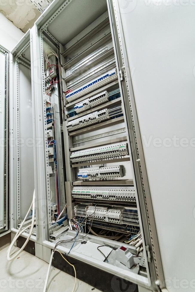 Electrical substation transformer. Energy technology switchgear cabinet. photo