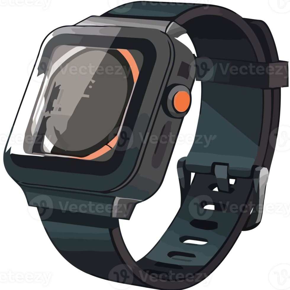 A cartoon watch with a black strap and orange buttons png