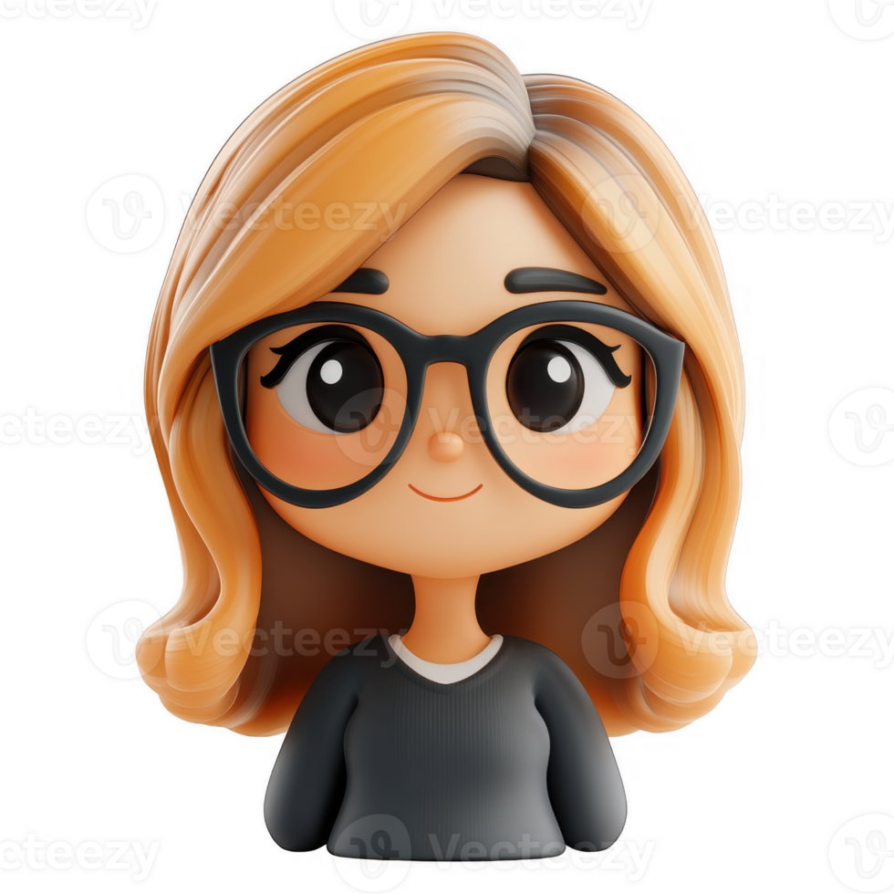 3D icon avatar cute smiling woman with glasses, cartoon character, people close up on isolated on transparent background png