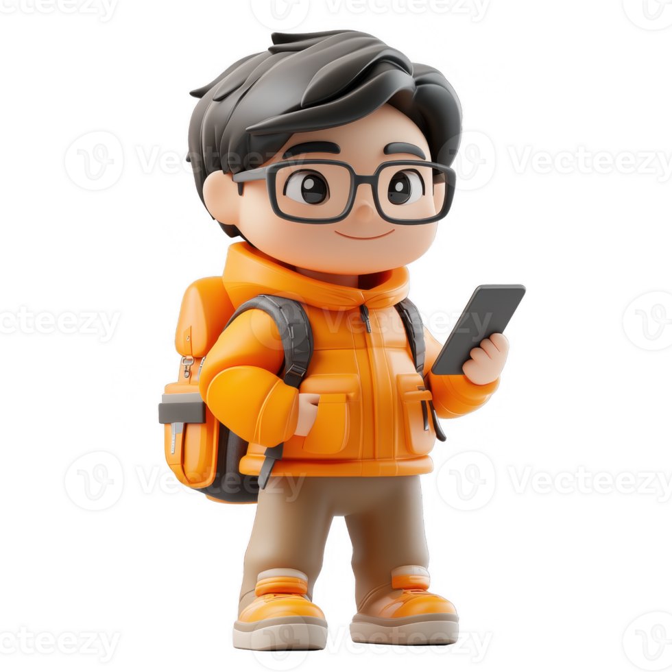 3D icon avatar cartoon hipster, smiling man with glasses with phone, online learning people close up portrait on isolated on transparent background png