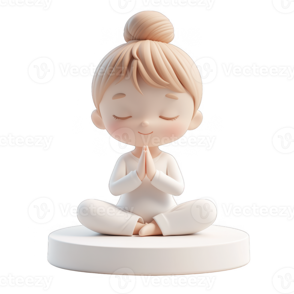 3d icon avatar Cute cartoon girl doing yoga meditating in lotus pose on transparent background png