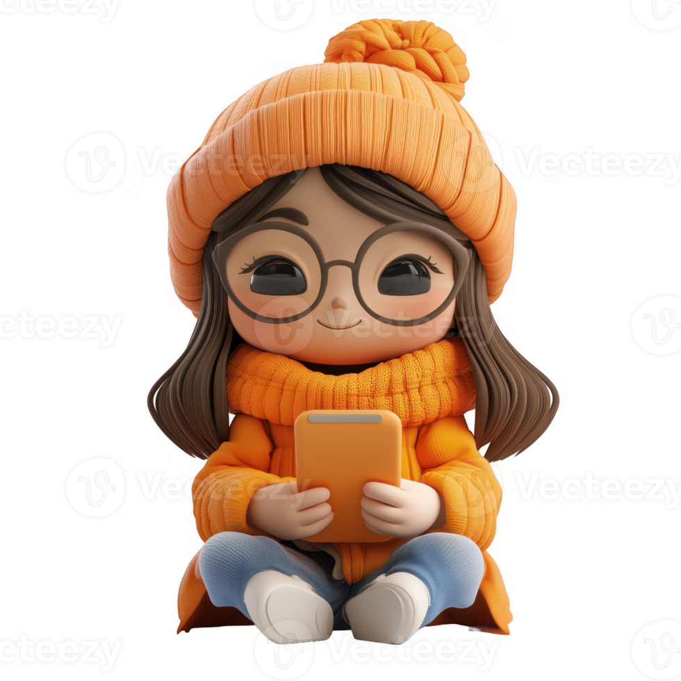 3D icon stylish smiling woman with glasses and phone, avatar cartoon hipster character, people close up portrait on isolated on transparent background png