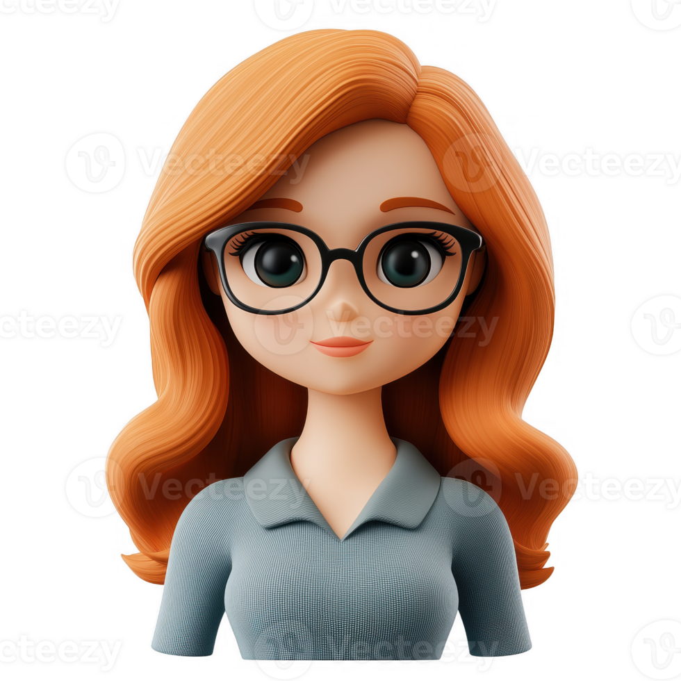 3D icon avatar cute smiling woman with glasses, cartoon character, people close up portrait on isolated on transparent background png