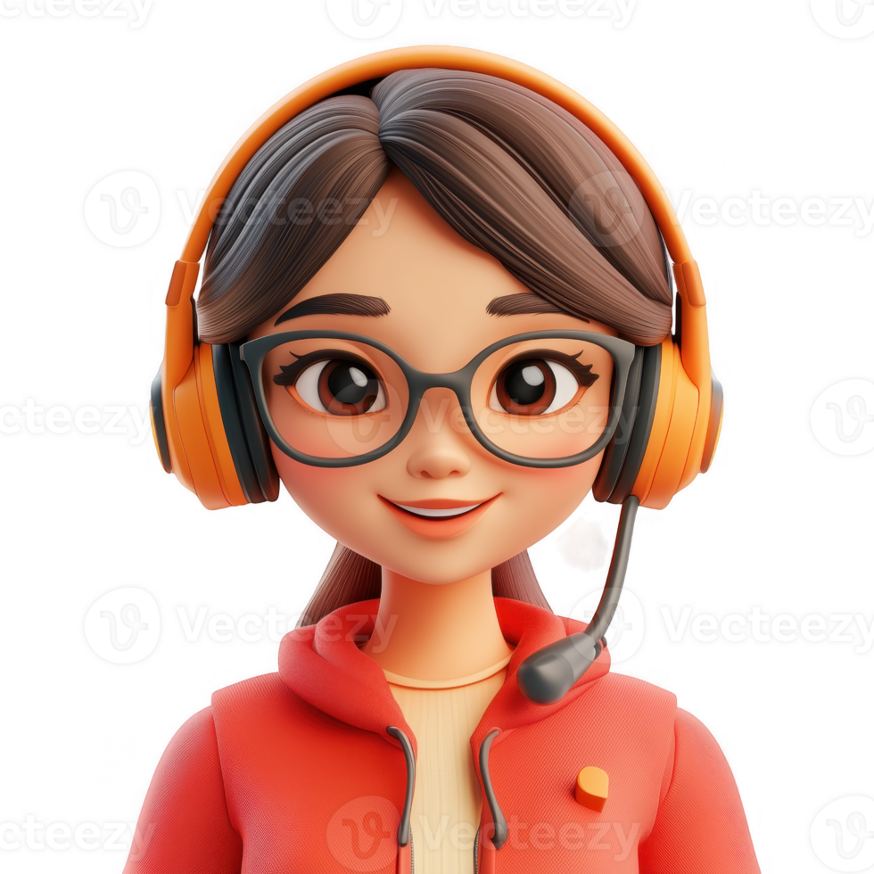 3d cute icon young friendly female call center agent with headset. Smiling cartoon woman operator in headphones with mic working in office talk with client on isolated on transparent background png