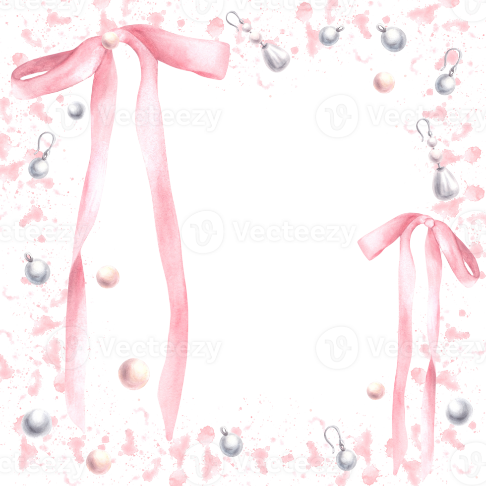 Pink bows, ribbons with pearl earrings on watercolor rose spots splashes abstract background. Square frame. Coquette style template, girly birthday card, label Hand drawn illustration isolated clipart png