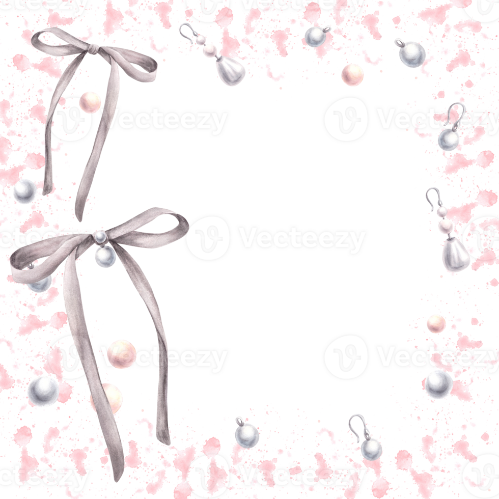 Watercolor grey bows, ribbons with pearl earrings on abstract pink spots splashes background. Rectangular frame. Coquette style template, girly card, label. Hand drawn illustration isolated clipart. png