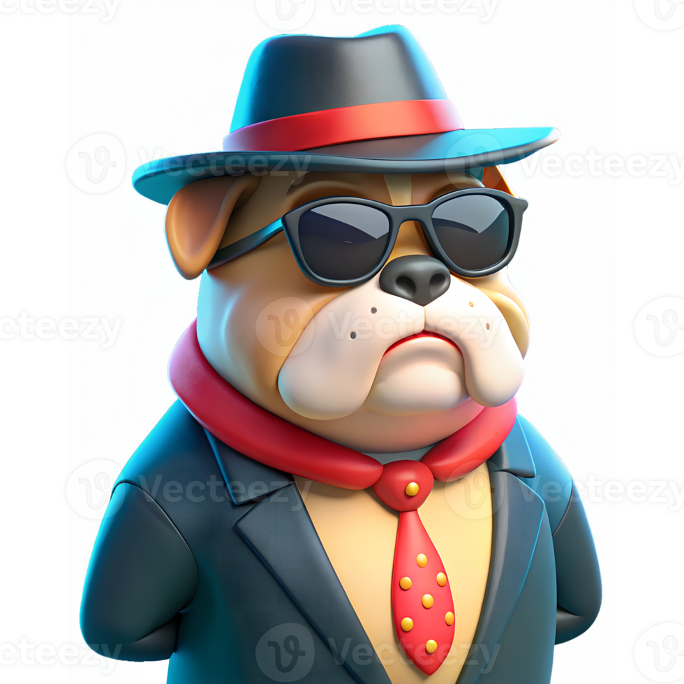 A bulldog wearing sunglasses, a hat, and a black cloak looks like a mafia, He is putting his hands behind his back. isolated on a transparent background png