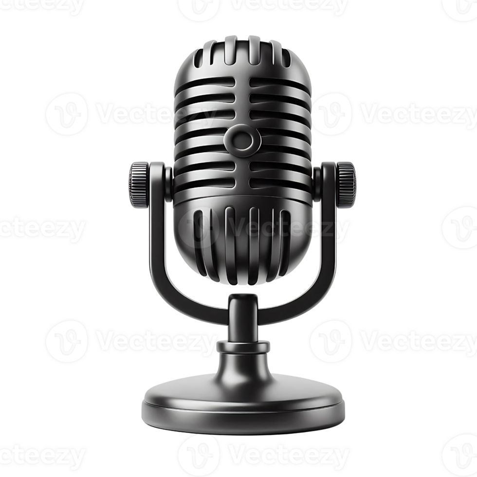 Black retro microphone on stand on transparent background. Podcast and audio recording cut out concept png