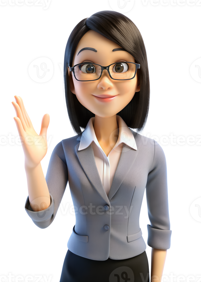 3d style illustration of asia woman in office worker uniform, with glasses She raised her hand to shake hands, isolated on transparent background png