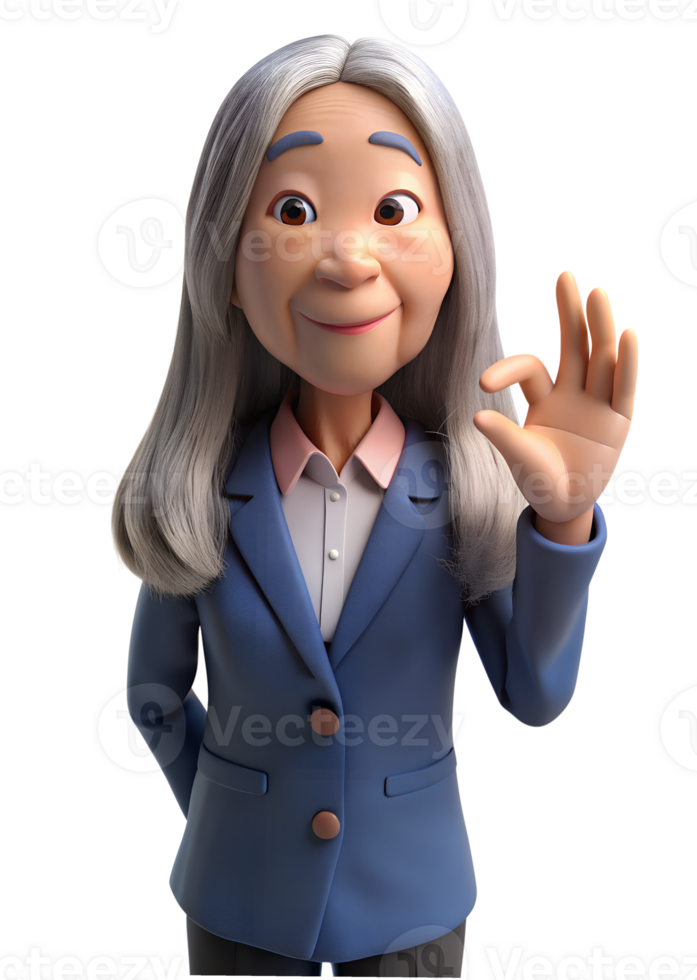 3d style illustration of asia old woman in office worker uniform, with happy, She is OK hand, isolated on transparent background png