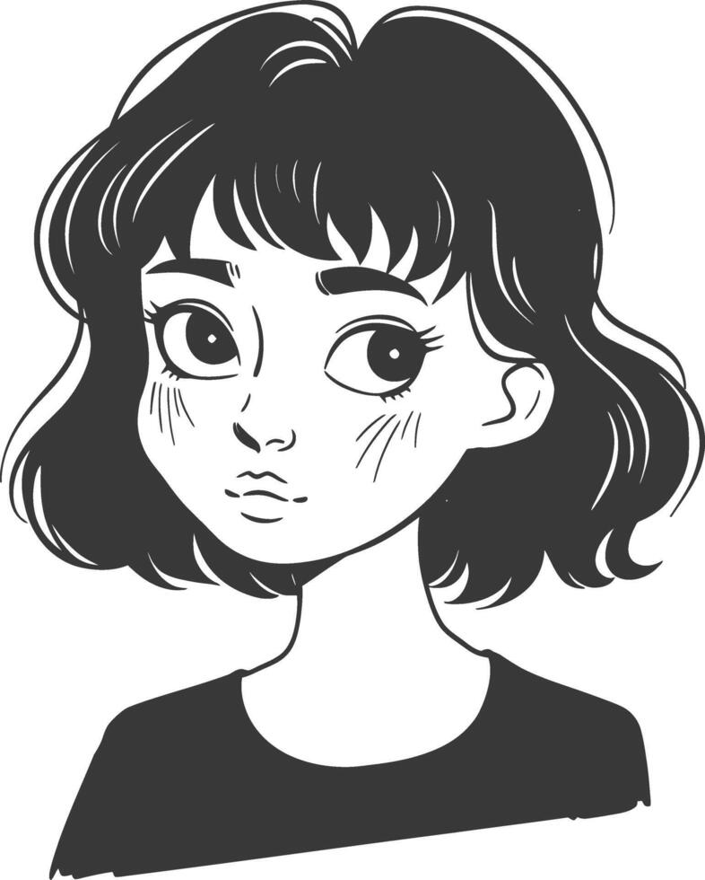 A black and white drawing of a girl with a black hair vector