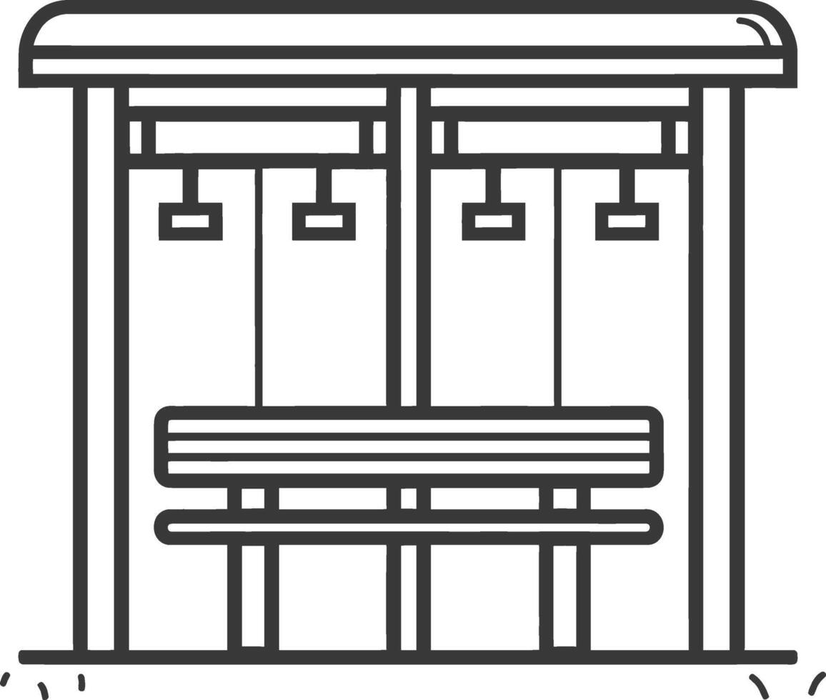 A black and white illustration of a bench and a door vector