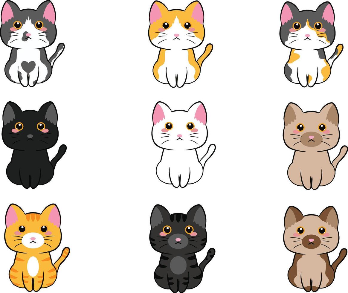 SET OF FRONT FACING CATS WITH VARIOUS PATTERNS AND COLORS vector