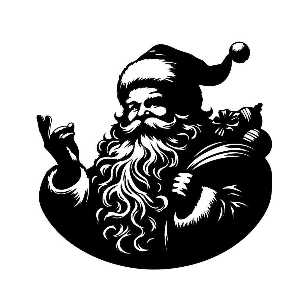 Santa Claus. Black and white illustration of a portrait of the festive character. Santa with a sack of presents. Merry Christmas and Happy New Year. vector