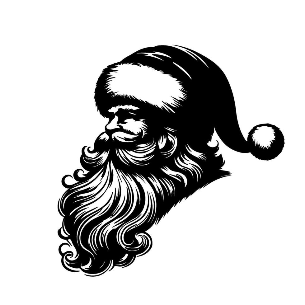 Black and white portrait of Santa Claus. Silhouette of the festive character. Bearded grandfather in a Santa suit. Illustration on white background. vector