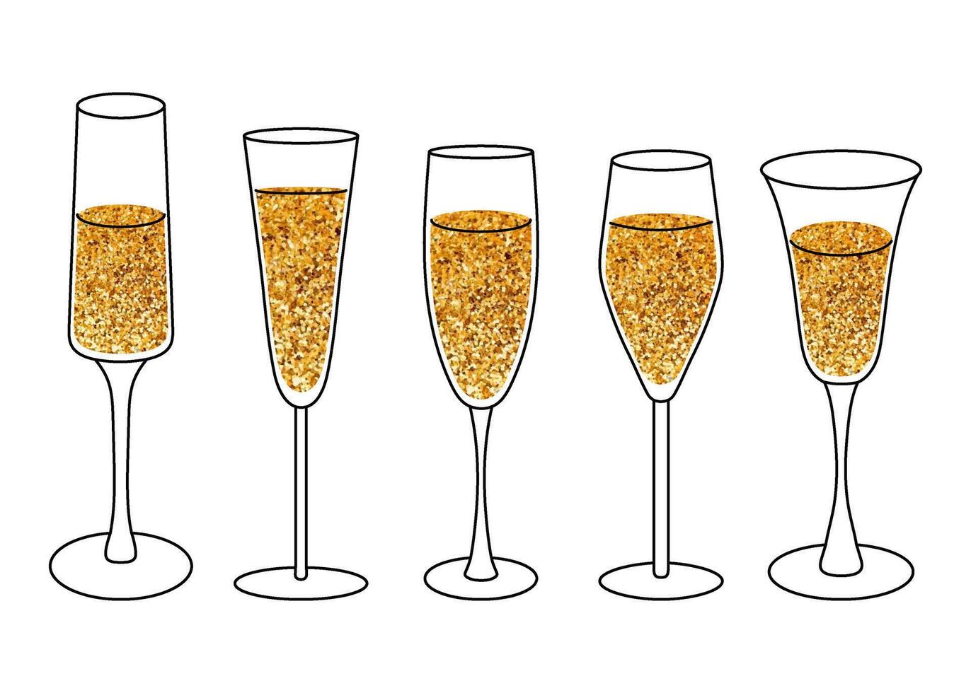 Set drink glass icon doodle style. Champagne. Golden bubbles, festive toast. Objects isolated on white background. For holiday card or elegant party invitation. vector