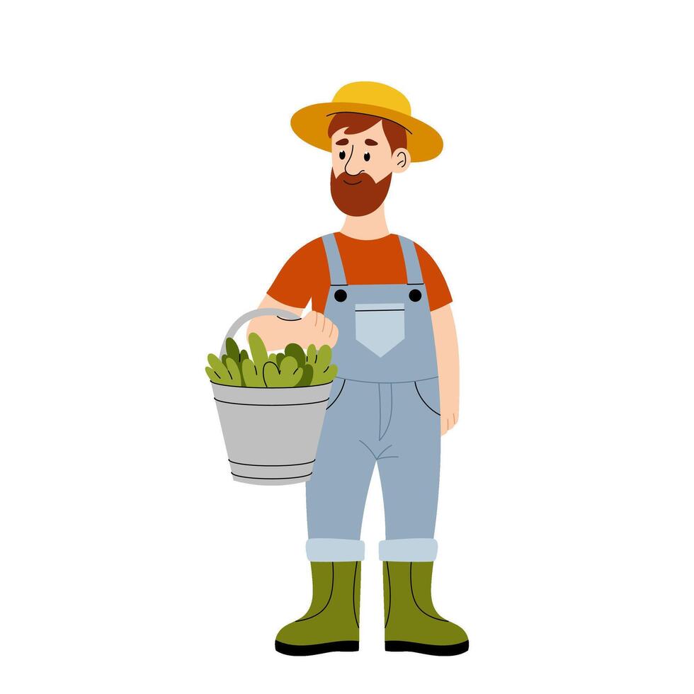 Farmer. Farm worker with a bucket of fresh grass to feed the animals. Men in a straw hat. Flat illustration on white background. vector