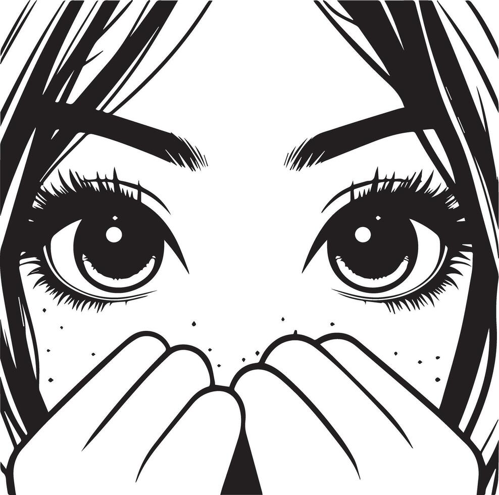 a girl with big eyes covering her face with her hands vector