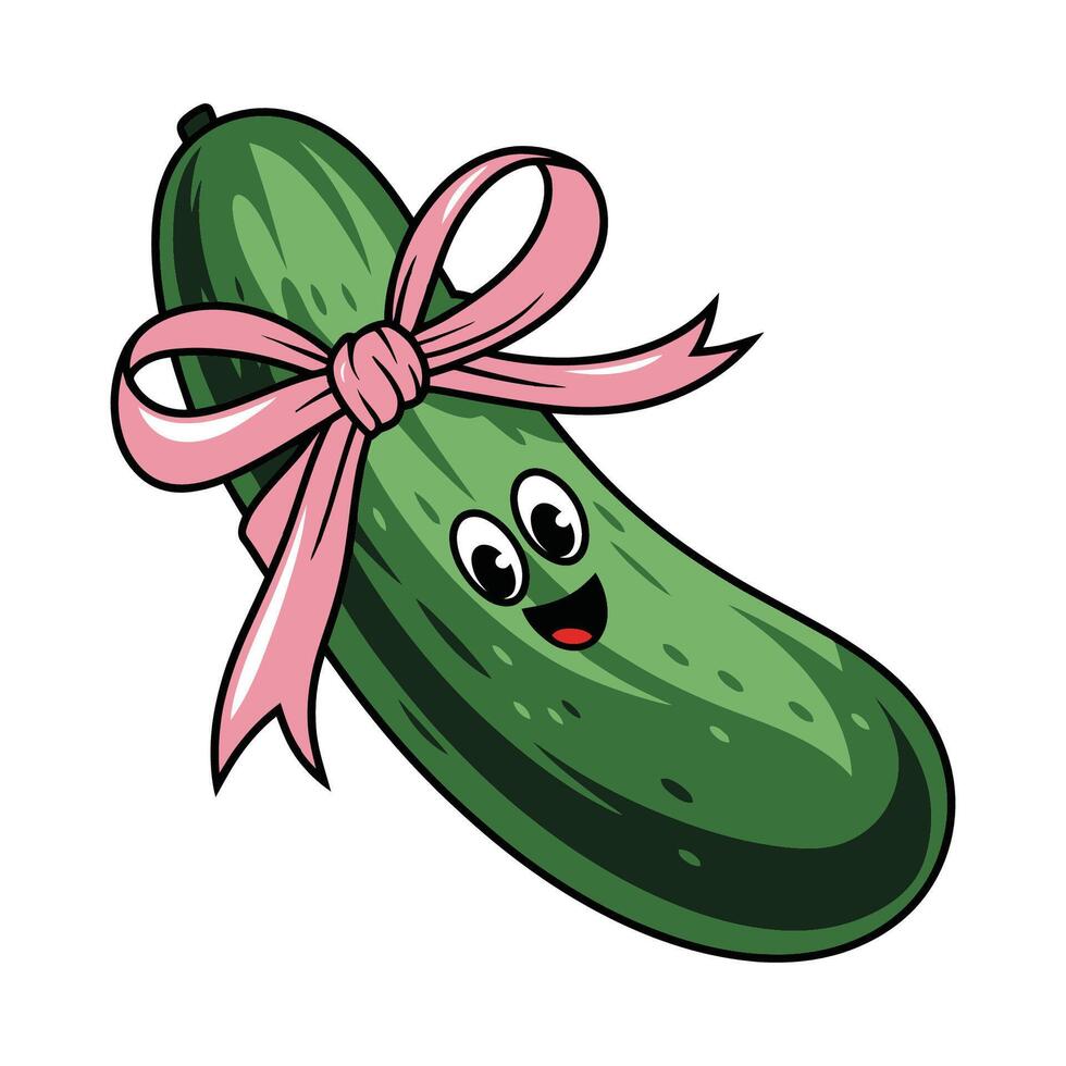 Cute Cucumber with Pink Bow Cartoon Illustration vector