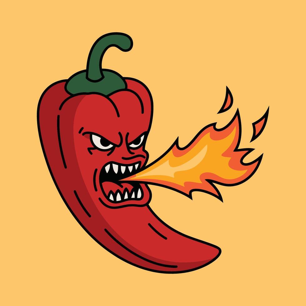 Angry hot chili pepper breathing fire illustration vector