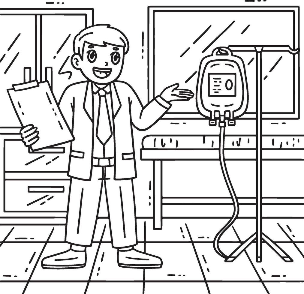 Doctor with Blood Donation Coloring Page for Kids vector