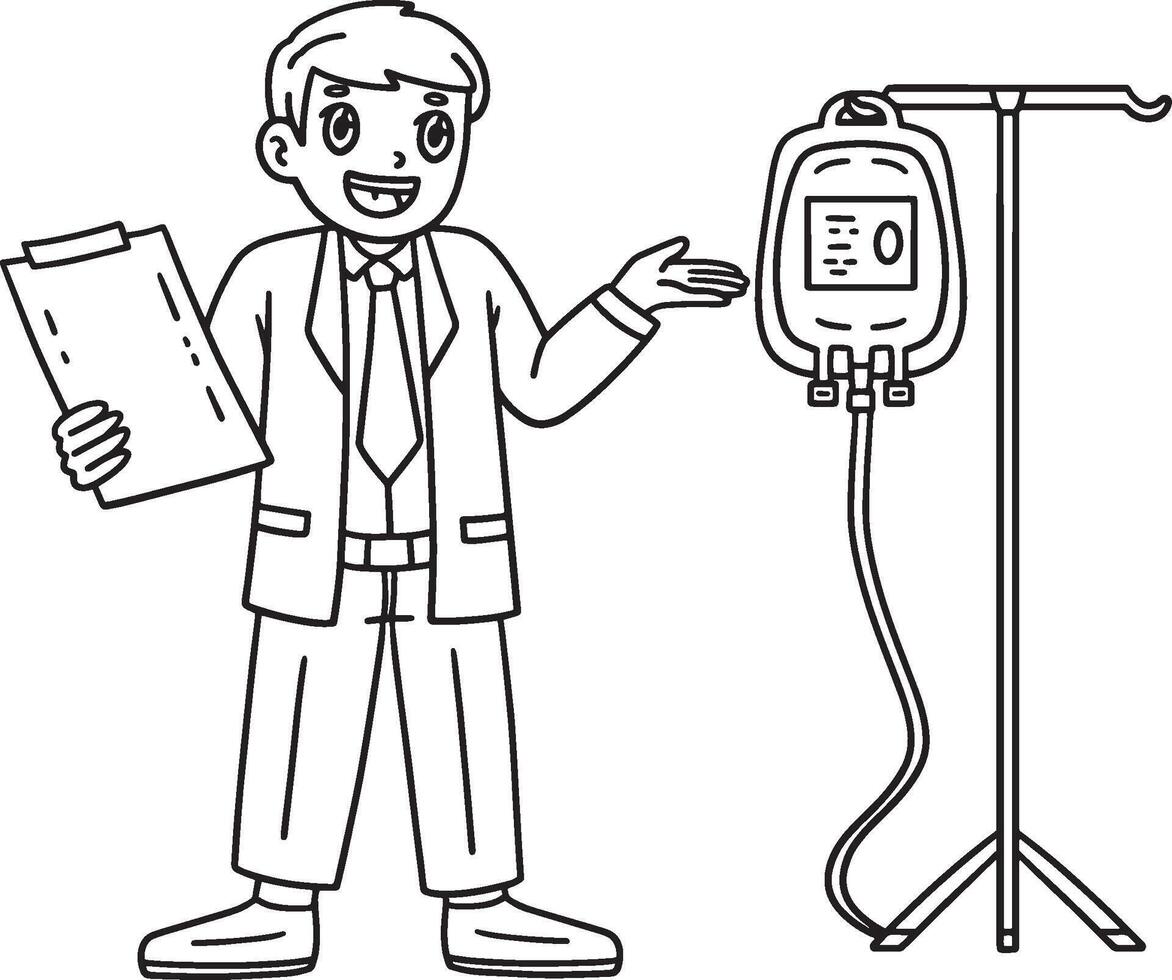 Doctor with Blood Donation Isolated Coloring Page vector