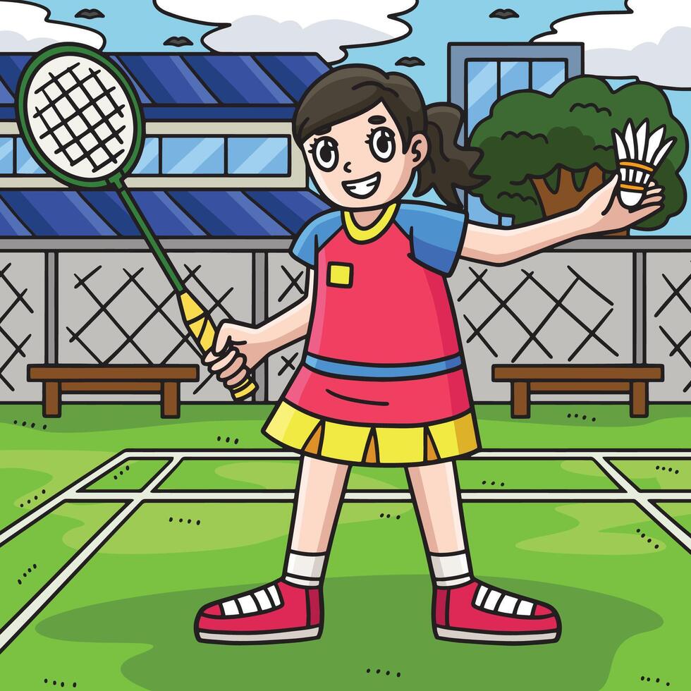 Badminton Female Player Racket Shuttlecock Colored vector