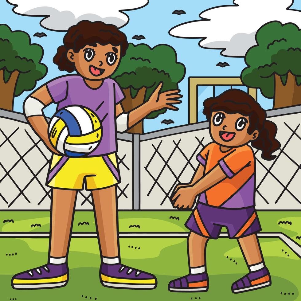 Volleyball Mother and Daughter Practicing Colored vector