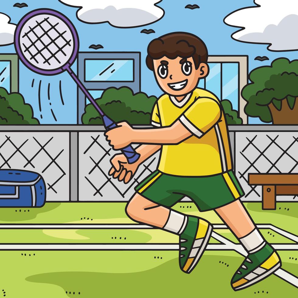 Badminton Player Swinging Racket Colored Cartoon vector