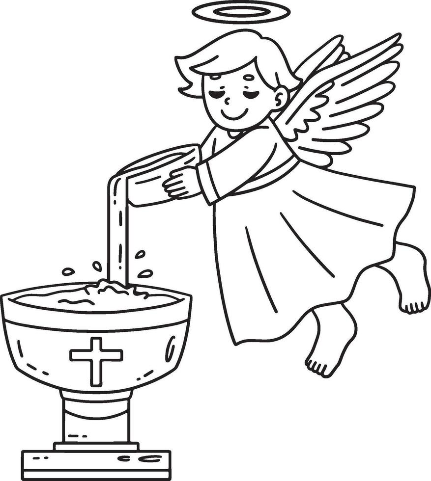 Baptism Angel Pouring Water Isolated Coloring Page vector