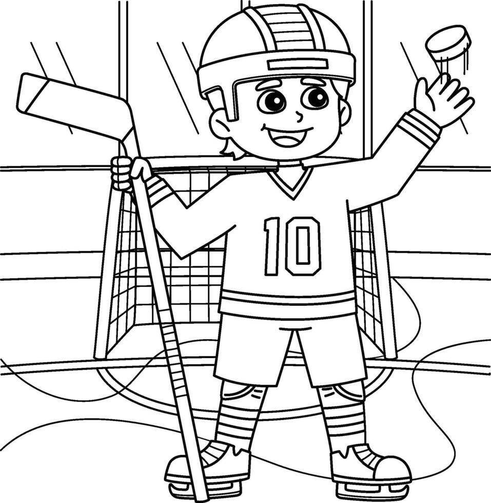Ice Hockey Boy Player Coloring Page for Kids vector