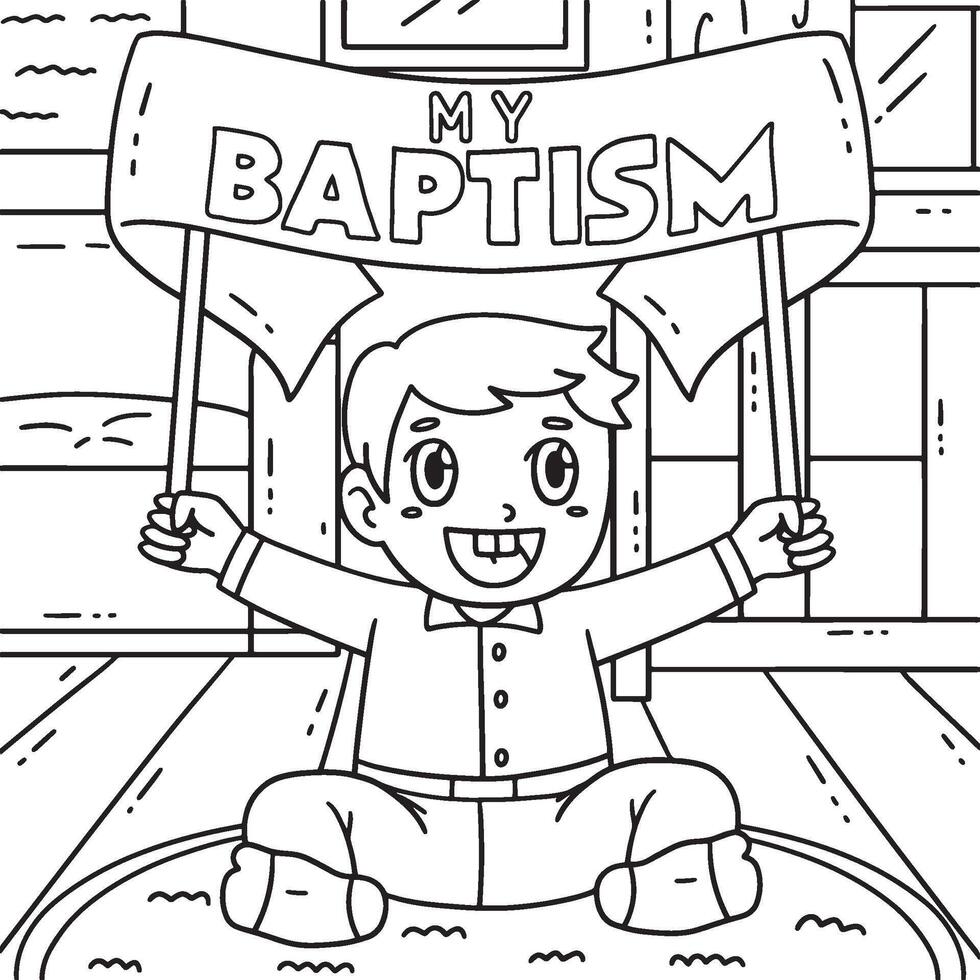 Baptism Baby Holding Banner Coloring Page for Kids vector