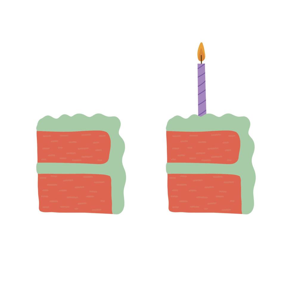 Sweet cakes slices pieces with candles isolated on white background. Set of cakes. Illustration for postcards and stickers. vector