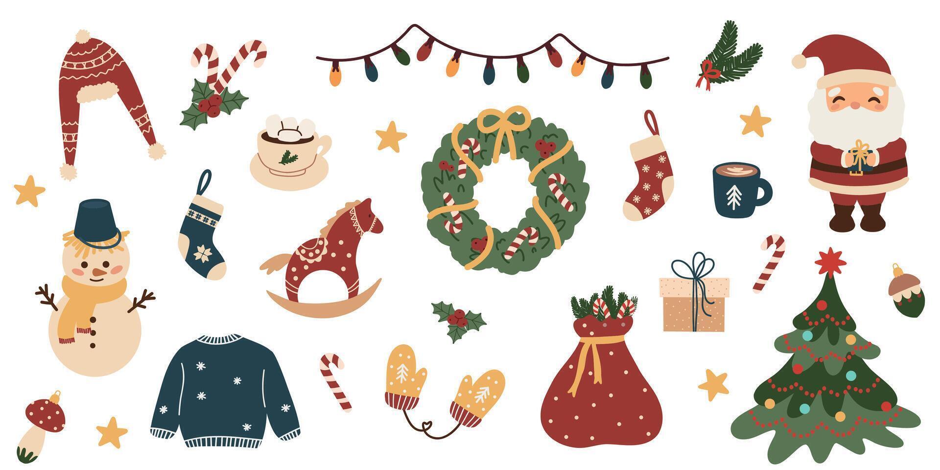 Big set of Christmas cute design elements. Cozy winter decor for decoration, poster, stickers. Christmas tree, snowman, Santa, gifts. Hand drawn color flat isolated elements on white background. vector