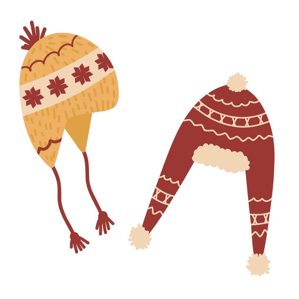 Winter hats set. Modern wool caps. Fashion head accessories, warm wearing for cold weather. Knitted beanies, woolen knitwear in trendy style. Flat illustrations isolated on white background vector